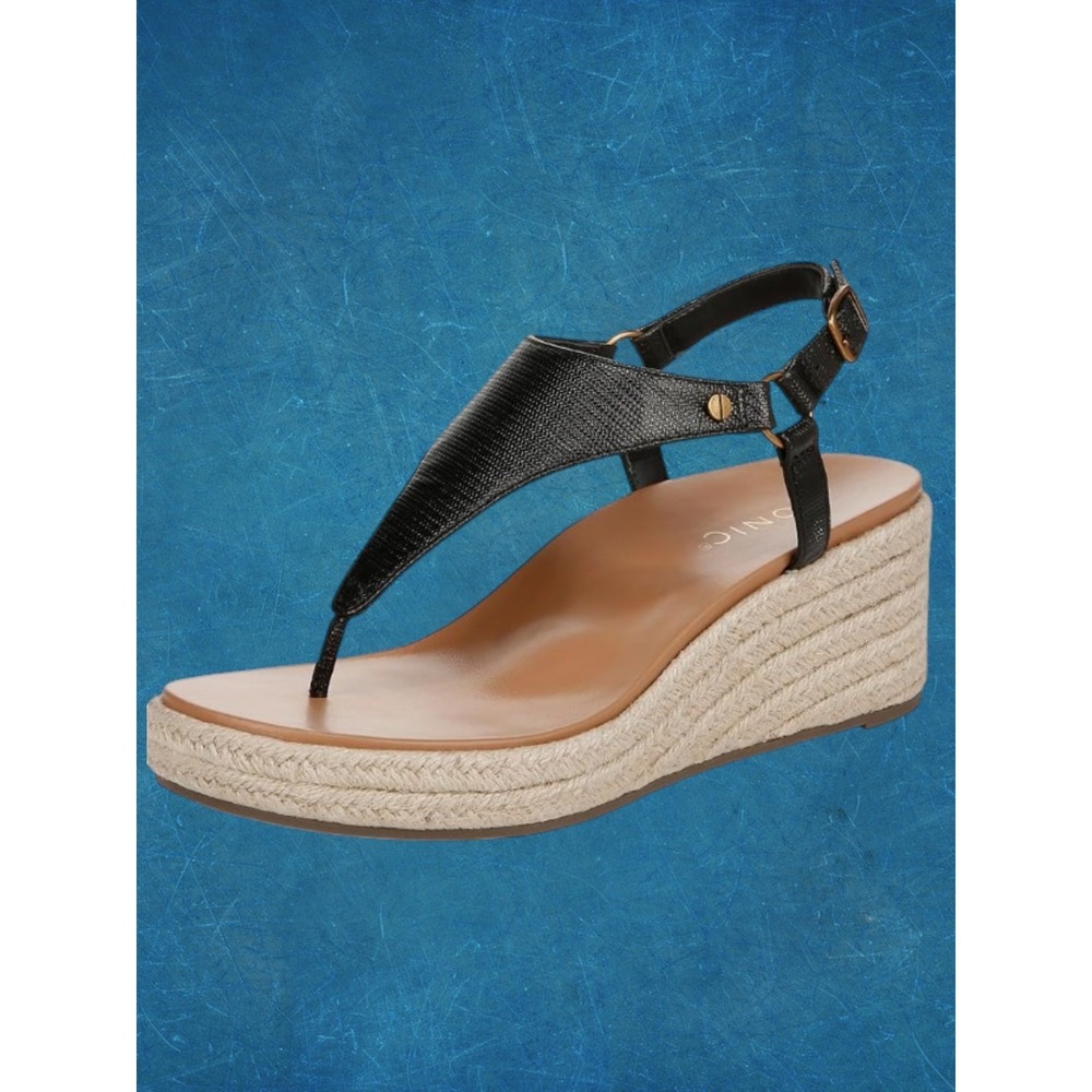 Vionic Kirra Wedge Sandals Women's Size 8 Black Leather Comfort Supportive